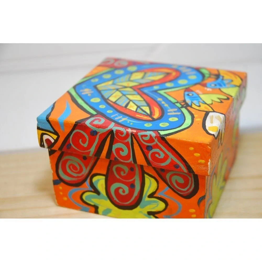 Vintage‎ Hand-painted wooden jewelry box Zentangle design heart lovebirds UNISEX